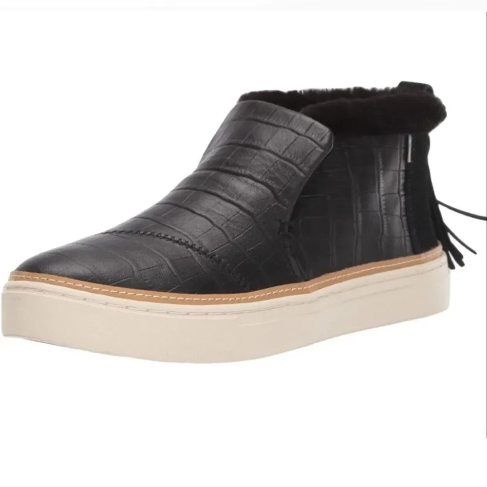 TOMS Paxton Black Croc Embossed Leather Faux Fur Lined Slip-on Sneakers